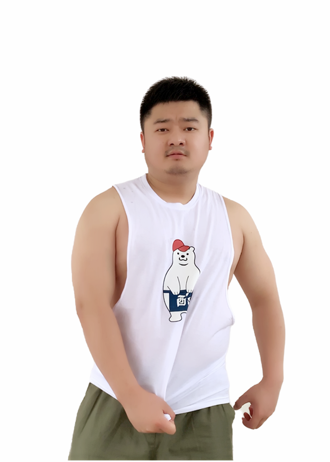 虎尔先生男生日系夏纯棉原创小熊印花低开腰宽松运动健身休闲背心