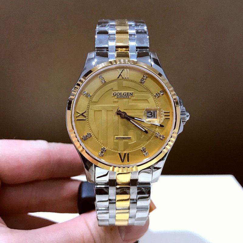 正品古尊手表男镀金福镶钻机械表钢带全自动防水国产腕表