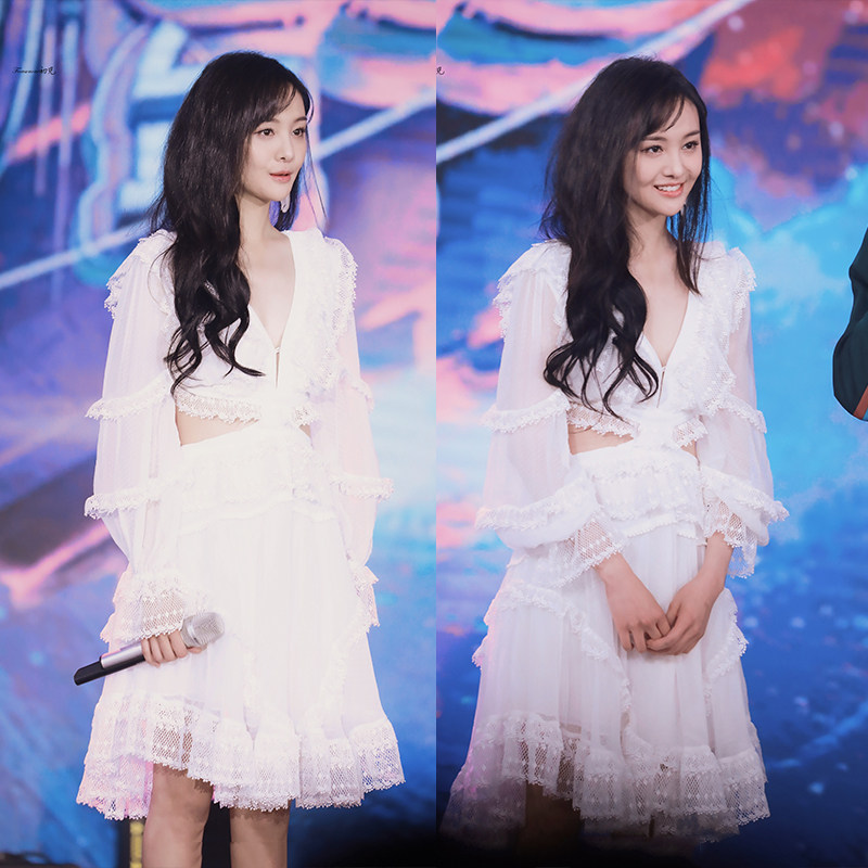20明星郑爽同款白色长袖连衣裙女中长款露腰裙子公司年宴会晚礼服