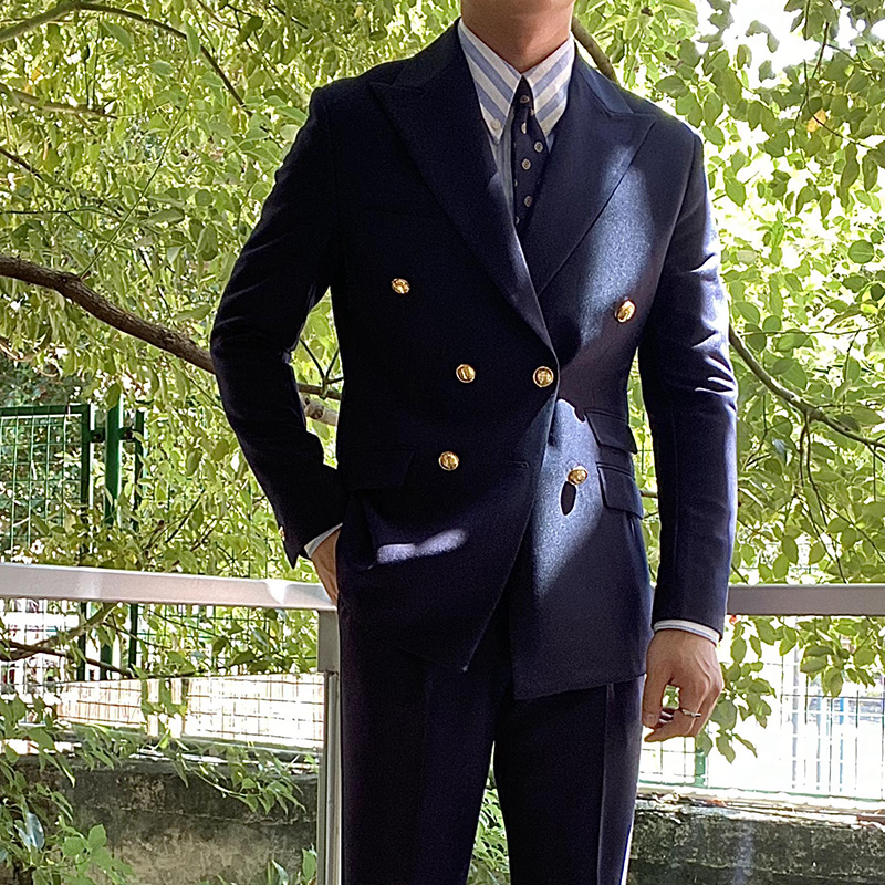 布雷泽双排扣套装男士商务休闲修身西装藏青色免烫青年西服纯色潮