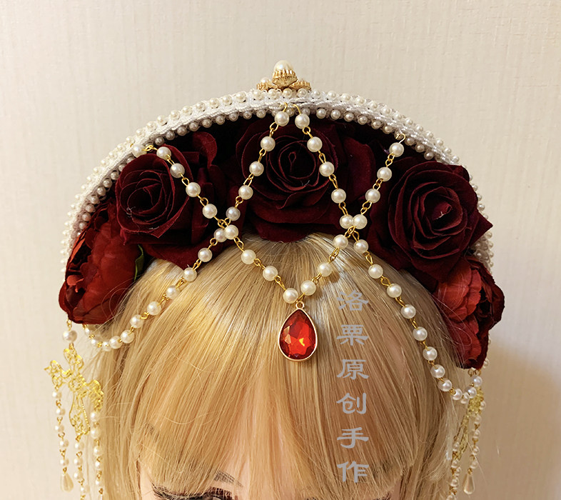 lolita冠都铎冠红玫瑰玫瑰红丝绒珍珠金色金属发饰发饰