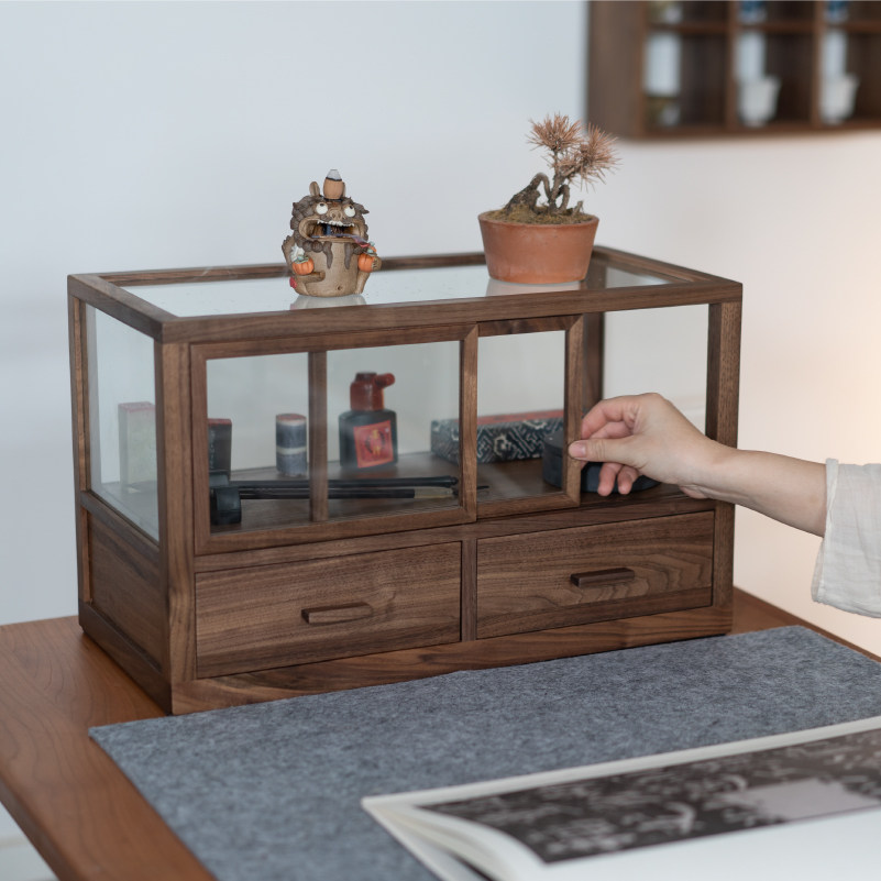 禅意新中式黑胡桃木双层玻璃陈列柜展示柜藏品瓷器茶具收纳柜