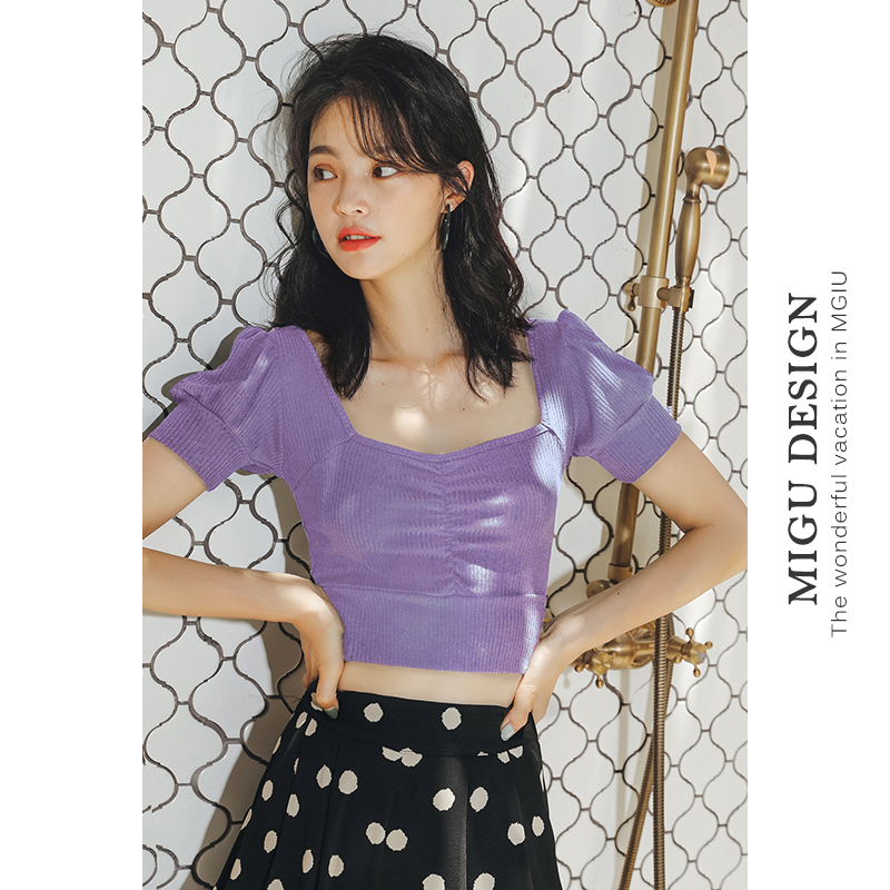 弥古法式复古方领紫色t恤夏泡泡袖短袖短款薄款露脐露锁骨上衣女