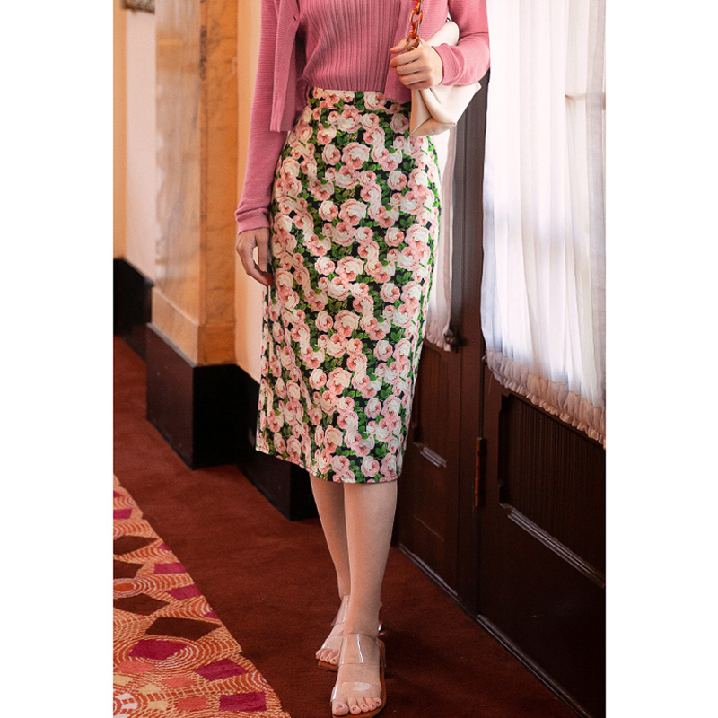 弥古直筒碎花半身裙女高级法式法式玫瑰玫瑰花裙子半身裙
