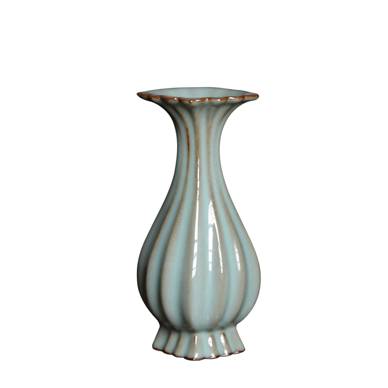 龙泉青瓷边见手工铁胎粉青海棠式瓜棱瓶中式书房花瓶