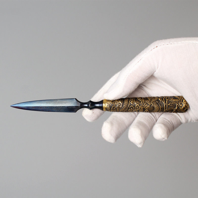 普洱茶炼钢雕刻龙纹黄铜零配茶道茶刀百炼针龙茶道