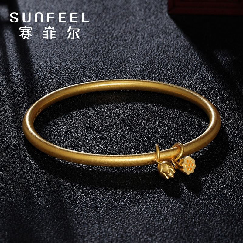 赛菲尔足金9999传家古法金手镯莲花莲蓬金镯子素圈简约传承送礼