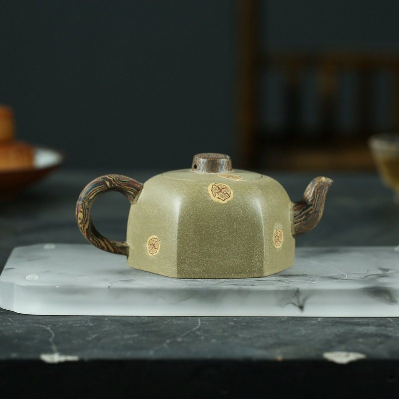 210cc王兆春胶泥茶壶宜兴原矿紫砂绿泥六方井栏茶壶