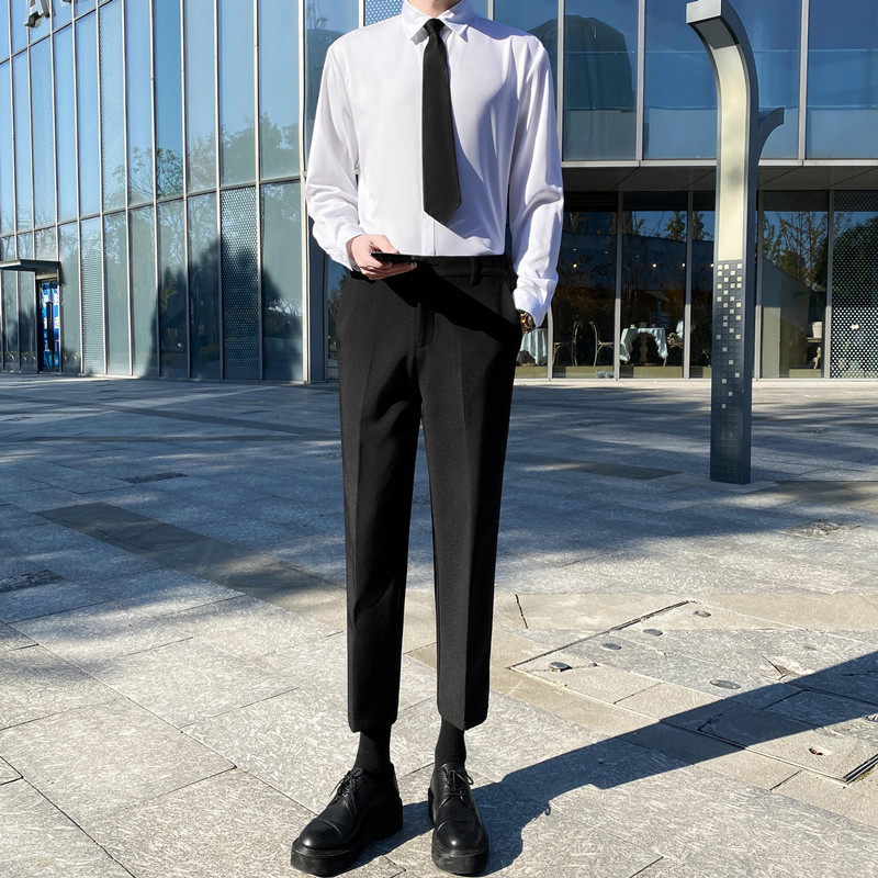 白衬衫男ins韩版修身垂感长袖无口袋衬衣上班正装黑西裤一套商务