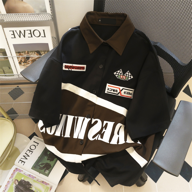 欧美复古痞帅炸街工装衬衫男女夏季宽松ins港风国潮拼接短袖上衣