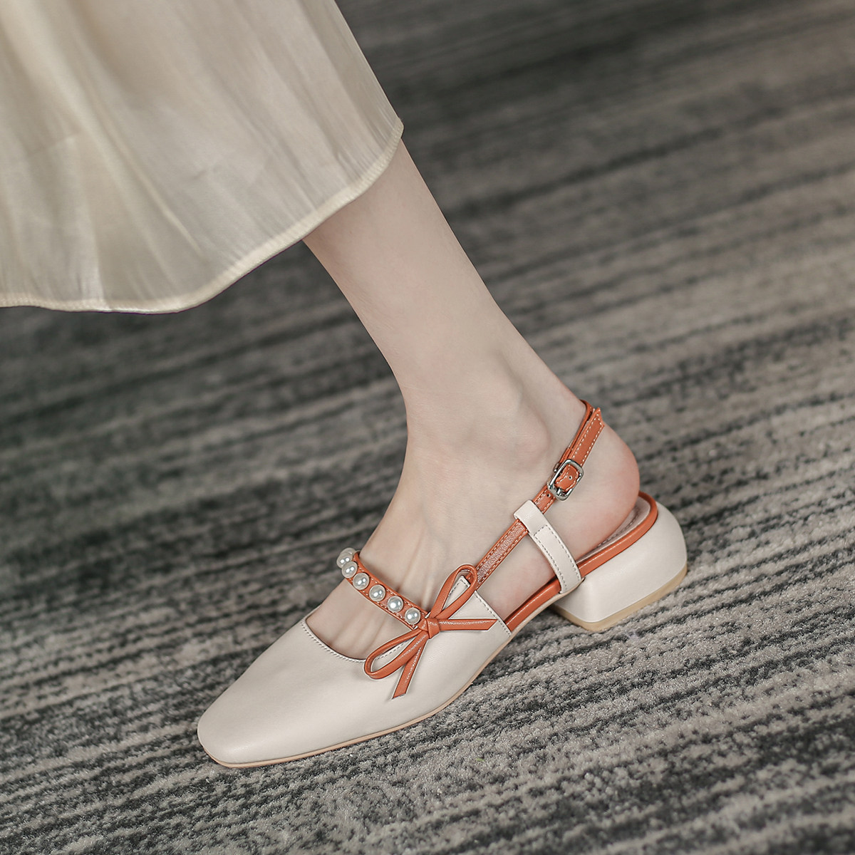 fxso 时装凉鞋2021年新款夏蝴蝶结珍珠方头低跟玛丽珍粗跟女 - fxso