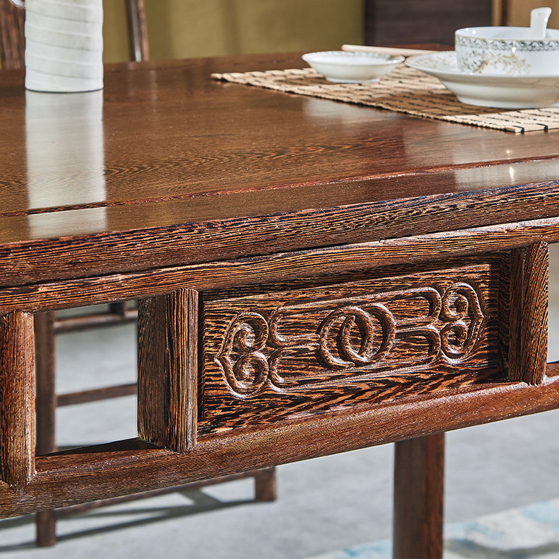 非洲鸡翅木明式餐桌椅配官帽椅 一桌6椅长方形 中式明清古典家具