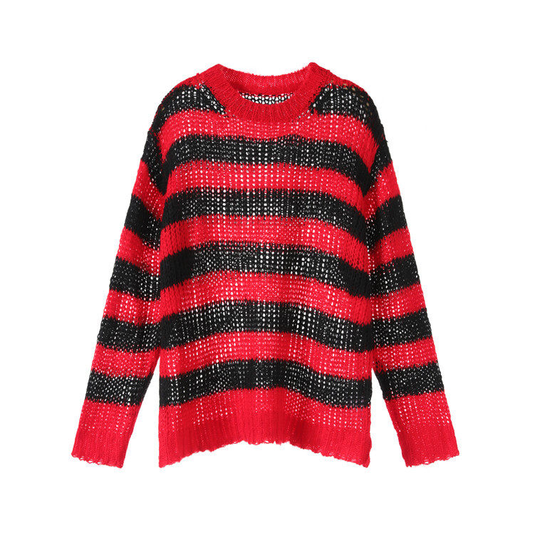 胡冰妍王丽坤明星同款宽松黑红条纹针织衫长袖圆领网眼毛衣女春季