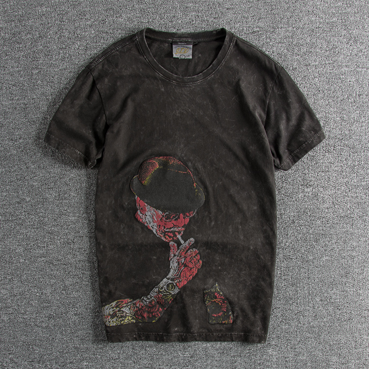 香港IT代购重水洗复古做旧纯棉青年个性半袖夏欧美男圆领短袖T恤