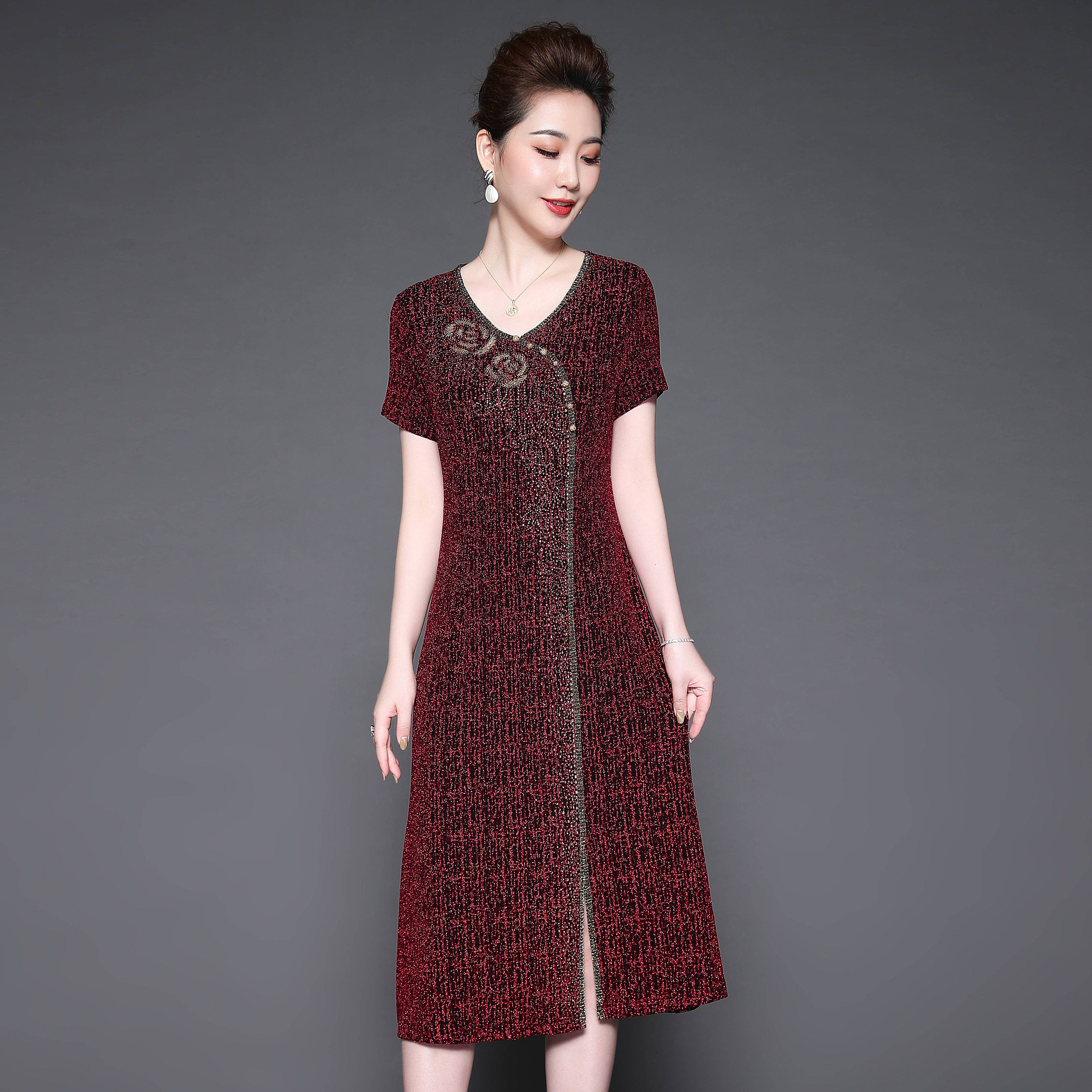 妈妈夏装短袖连衣裙洋气中年女装婚礼母亲礼服中老年女装