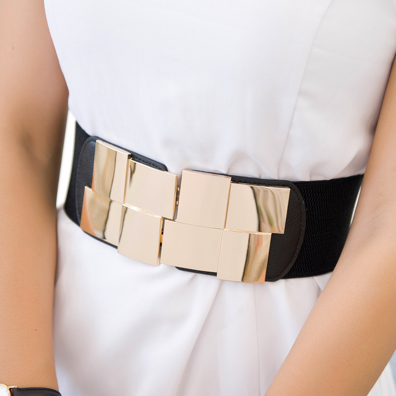 韩版方形金色弹力腰封女裙子大衣装饰松紧宽腰腰带