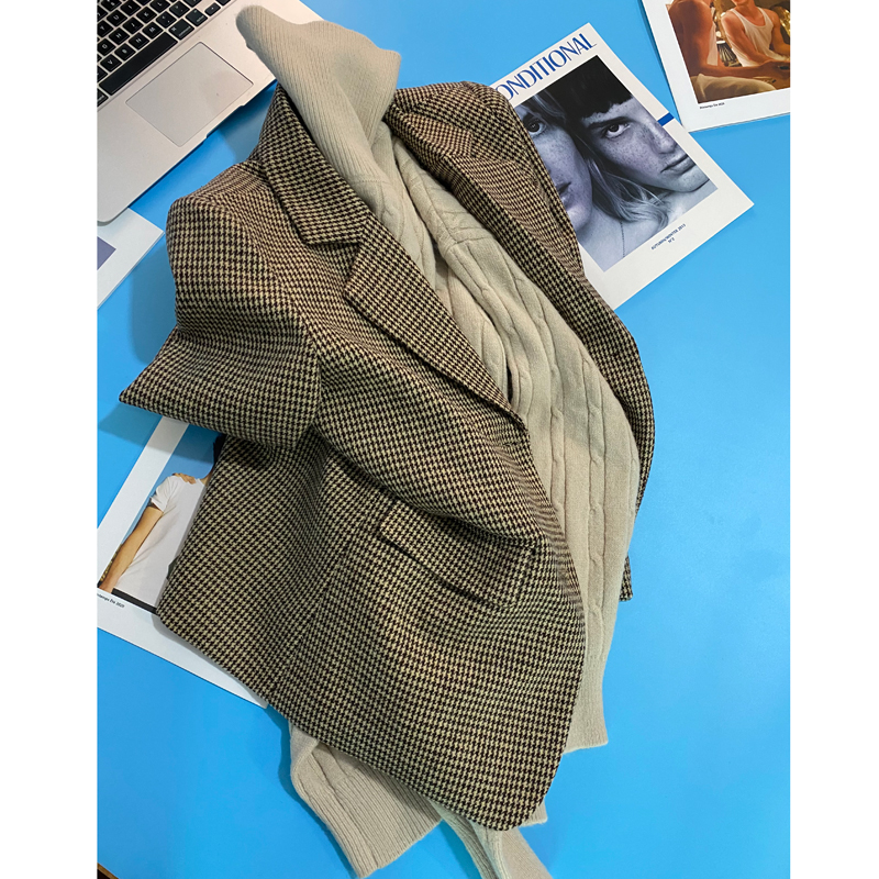 小千鸟格毛呢西装外套女2021秋冬新款韩版显瘦短款小个子呢子大衣