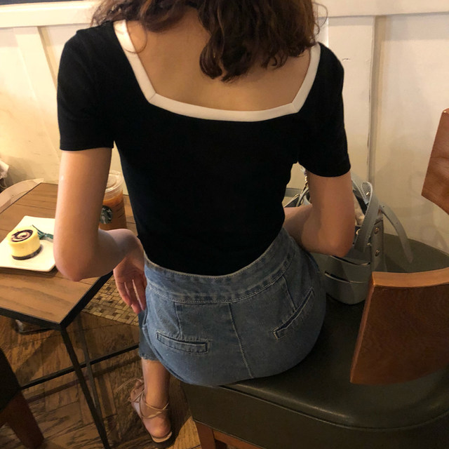 Summer Korean version of the new women's dress with generous collar Slim slimming contrast color simple and versatile short-sleeved t-shirt top bottoming shirt Summer Korean version of the new women's dress with generous collar Slim slimming contrast color simple and versatile short-sleeved t-shirt top bottoming shirt