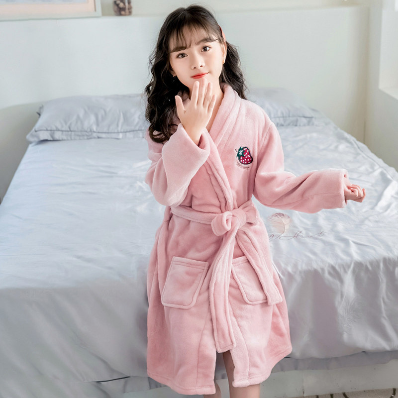 儿童法兰绒睡袍女童秋冬季中大童珊瑚绒浴袍宝宝家居袍