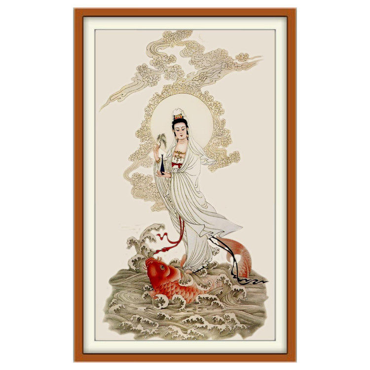 新款印花正品dmc棉线十字绣套件客厅佛堂观世音菩萨鲤鱼观音佛像