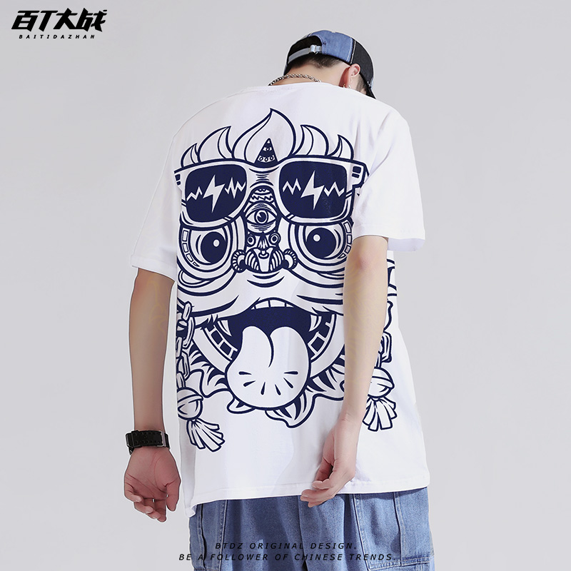 中国风国潮醒狮t恤男短袖潮牌大码狮子头衣服复古港风纯棉情侣装