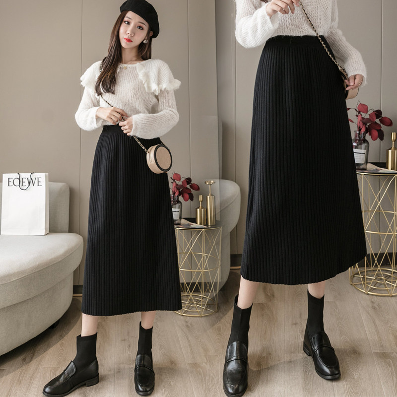 针织半身秋冬2021新款坑条休闲百褶包臀裙中长半身裙