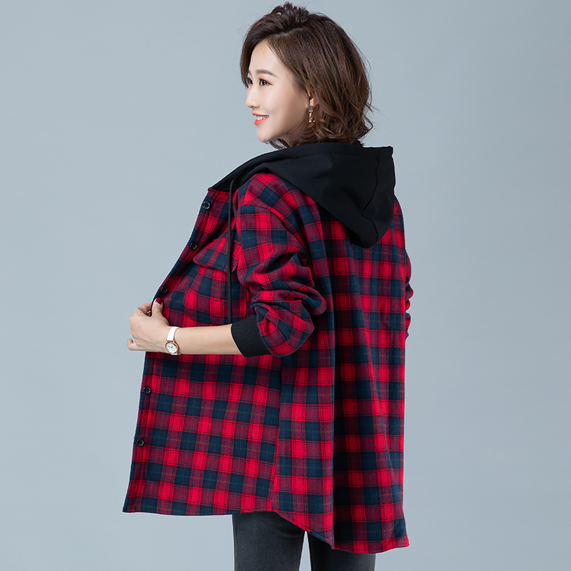 2020秋冬新款加肥加大胖妹妹格子衬衫中长款连帽衬衣200斤外套女