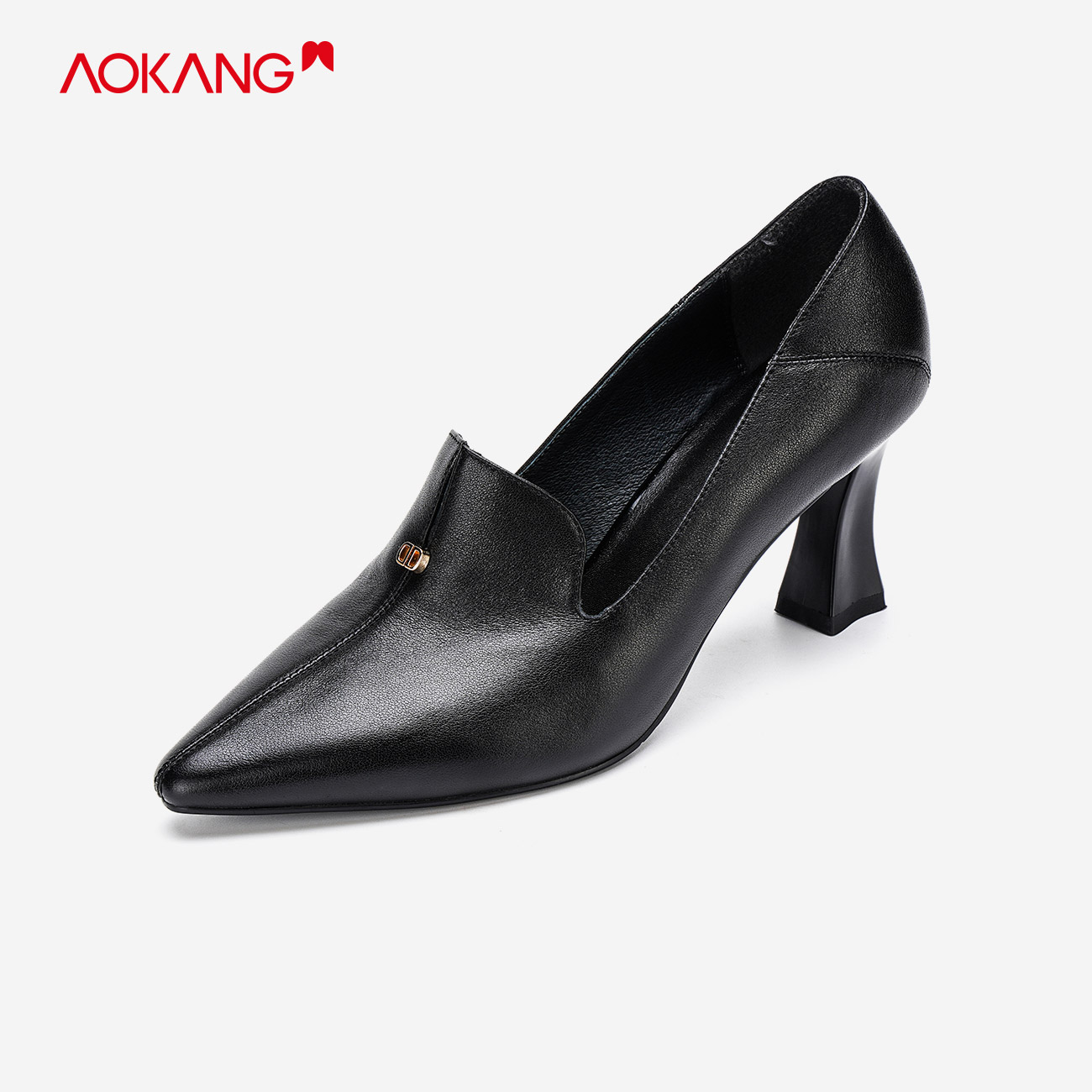 门店发货奥康女鞋秋季新款饰扣皮鞋尖头软皮单鞋