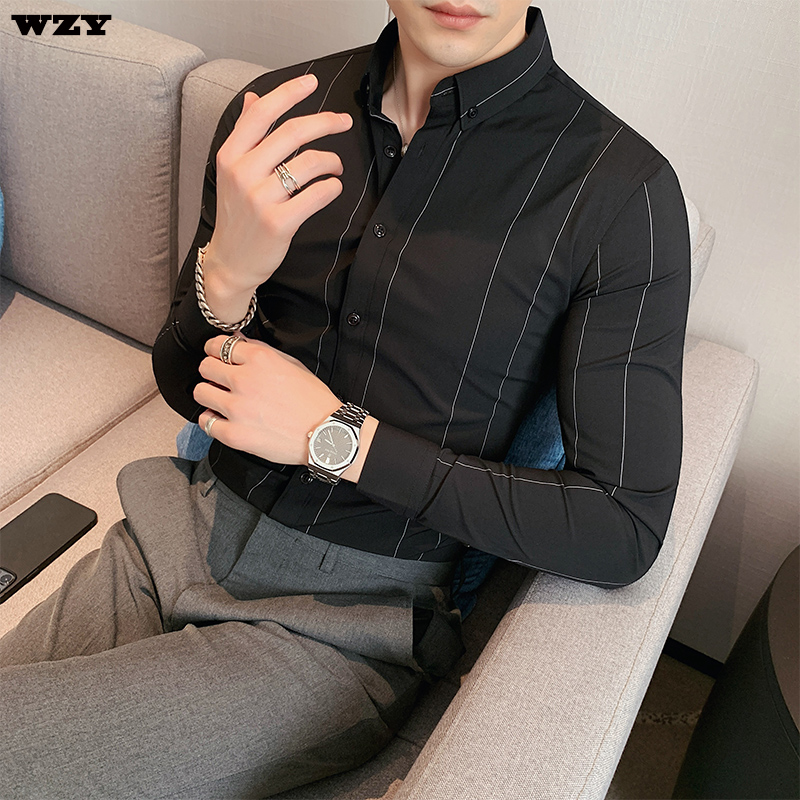 高端衬衫男长袖修身休闲时尚轻熟潮流条纹寸衫抗皱免烫正装衬衣男