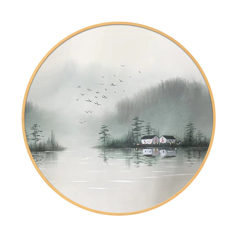 手绘江南水乡禅意风景油画玄关茶室圆形挂画餐厅油画