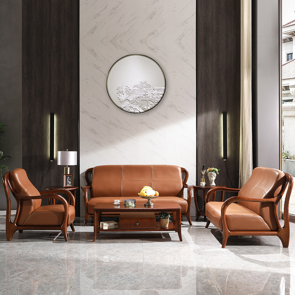 北欧实木沙发头层牛皮新中式极简风中小户型客厅家用123组合家具