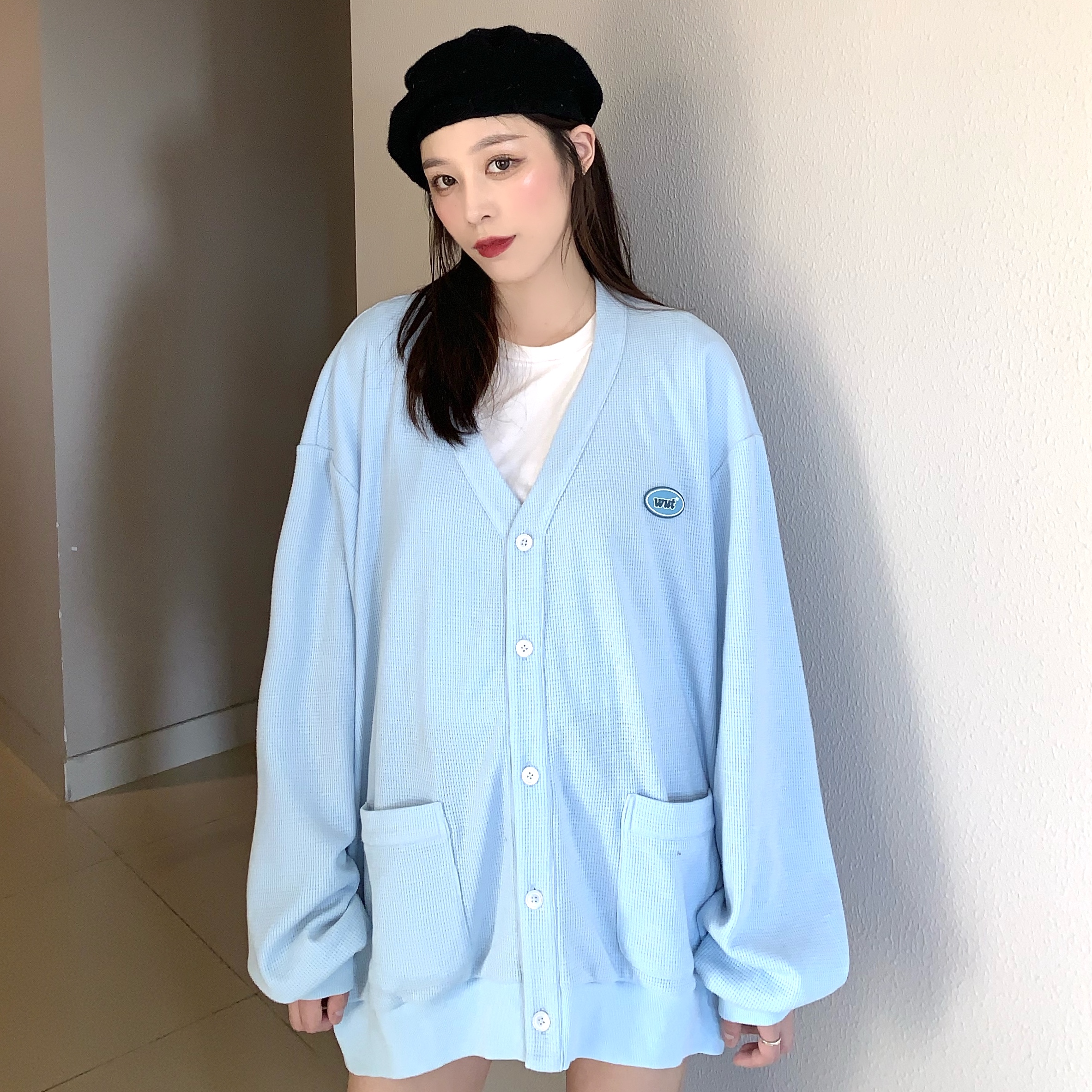 【WUT官方店】2020AW 国潮牌浅蓝色华夫格开衫JK春秋外套男女上衣