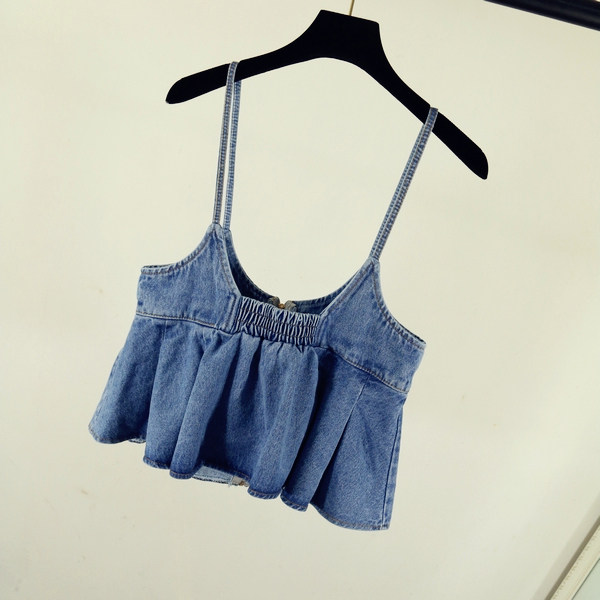 韩国背心吊带牛仔上衣短款裙摆荷叶2018拉链背心吊带