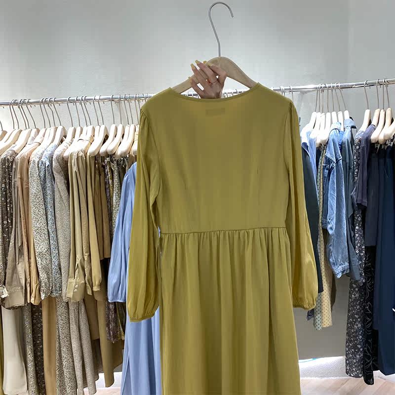 allo2021纯色实拍女装连衣裙优雅气质高腰春夏季单排连衣裙