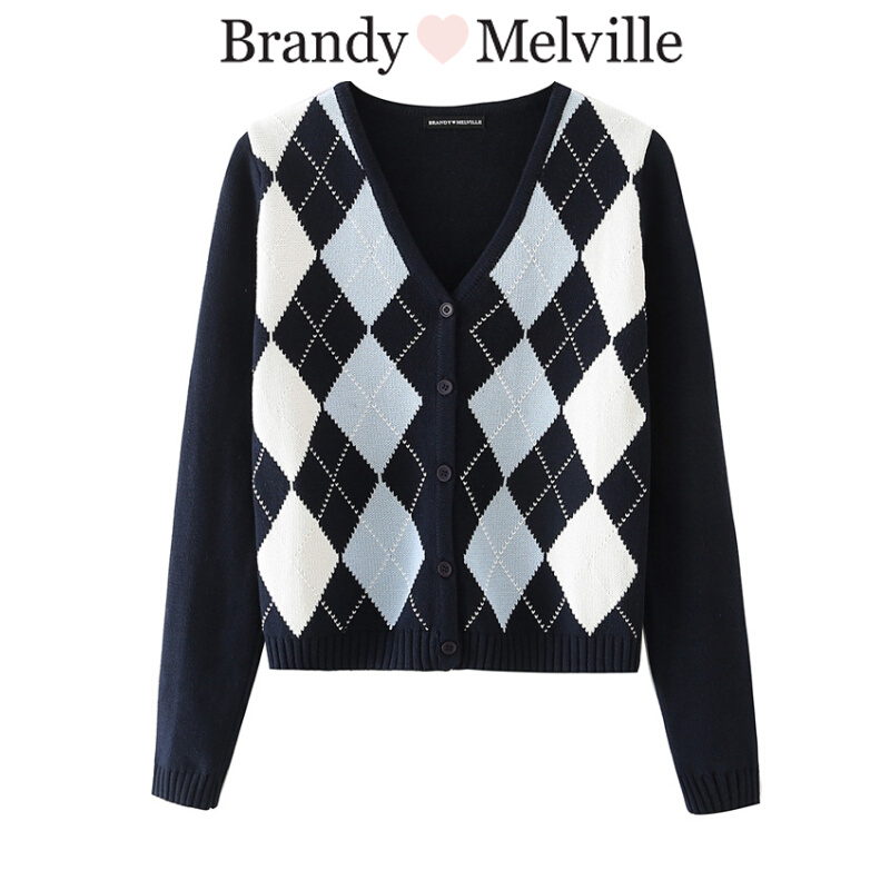 brandymelville春新款菱形格子V领毛衣针织衫 bm长袖单排扣开衫女