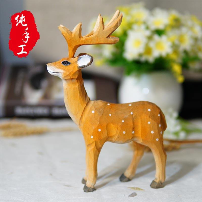 zakka杂货手工雕刻实木小鹿复古家居梅花梅花鹿木雕