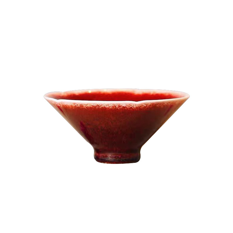 晓玥柴窑郎红天然红釉柴烧斗笠杯郎窑红盏主人茶杯