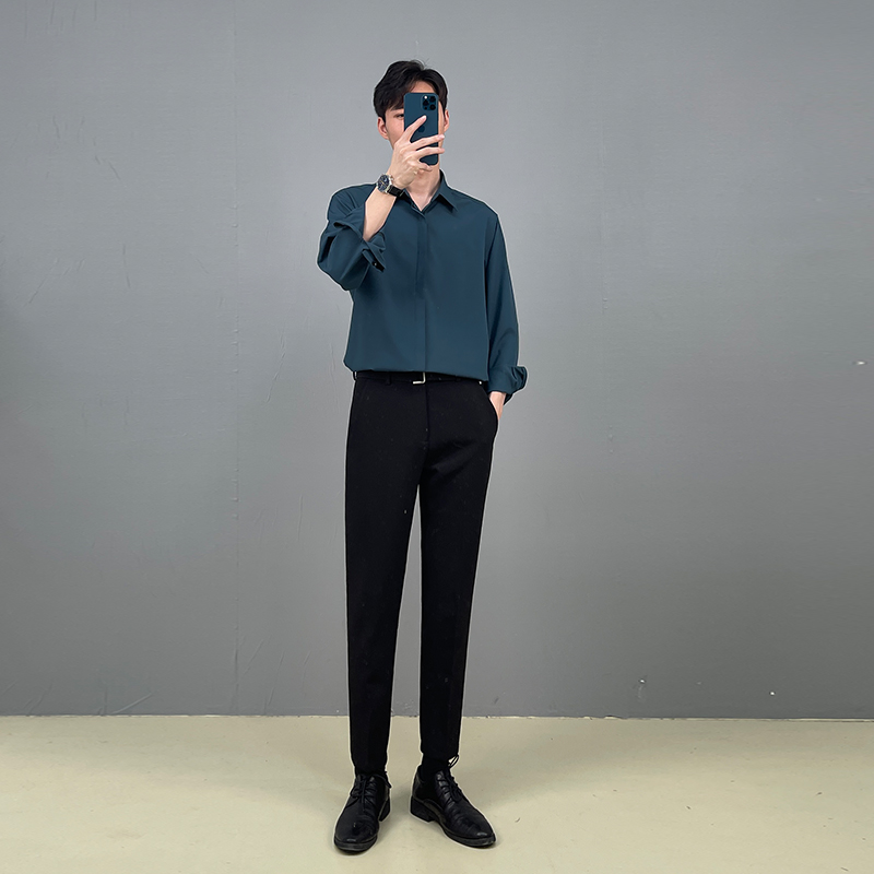 衬衫男夏季禁欲系痞帅韩版宽松休闲高级垂感衬衣男长袖轻熟风男装