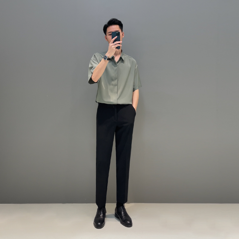 轻熟风短袖衬衫男夏季免烫高级垂感纯色衬衣男士半中袖冰丝上衣潮