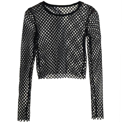 t恤女长袖性感渔网衫2020春夏新款大码镂空透视网眼上衣美式t恤女