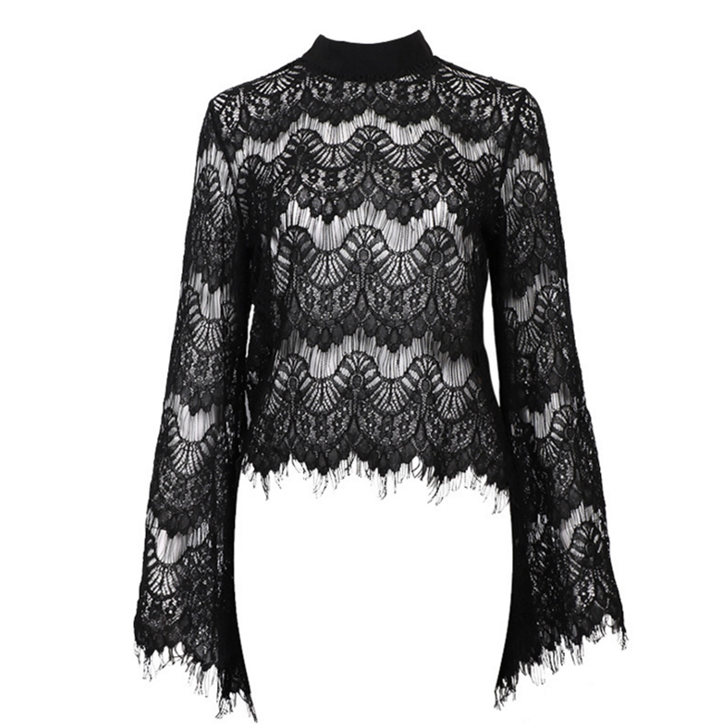 蕾丝衣服袖透喇叭宽松女装品大镂空新品大秋冬蕾丝衫