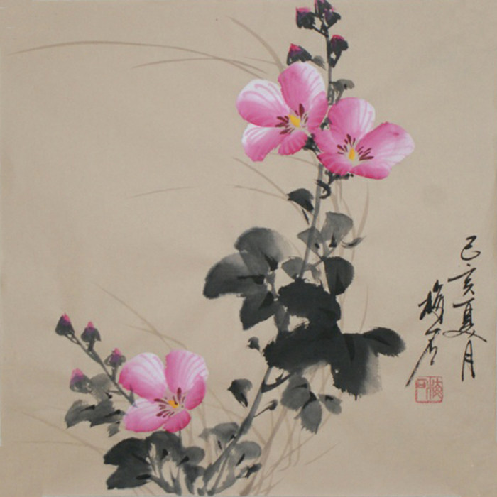 中式仿古字画写意花鸟画原稿国画蜀葵挂画手绘画国画