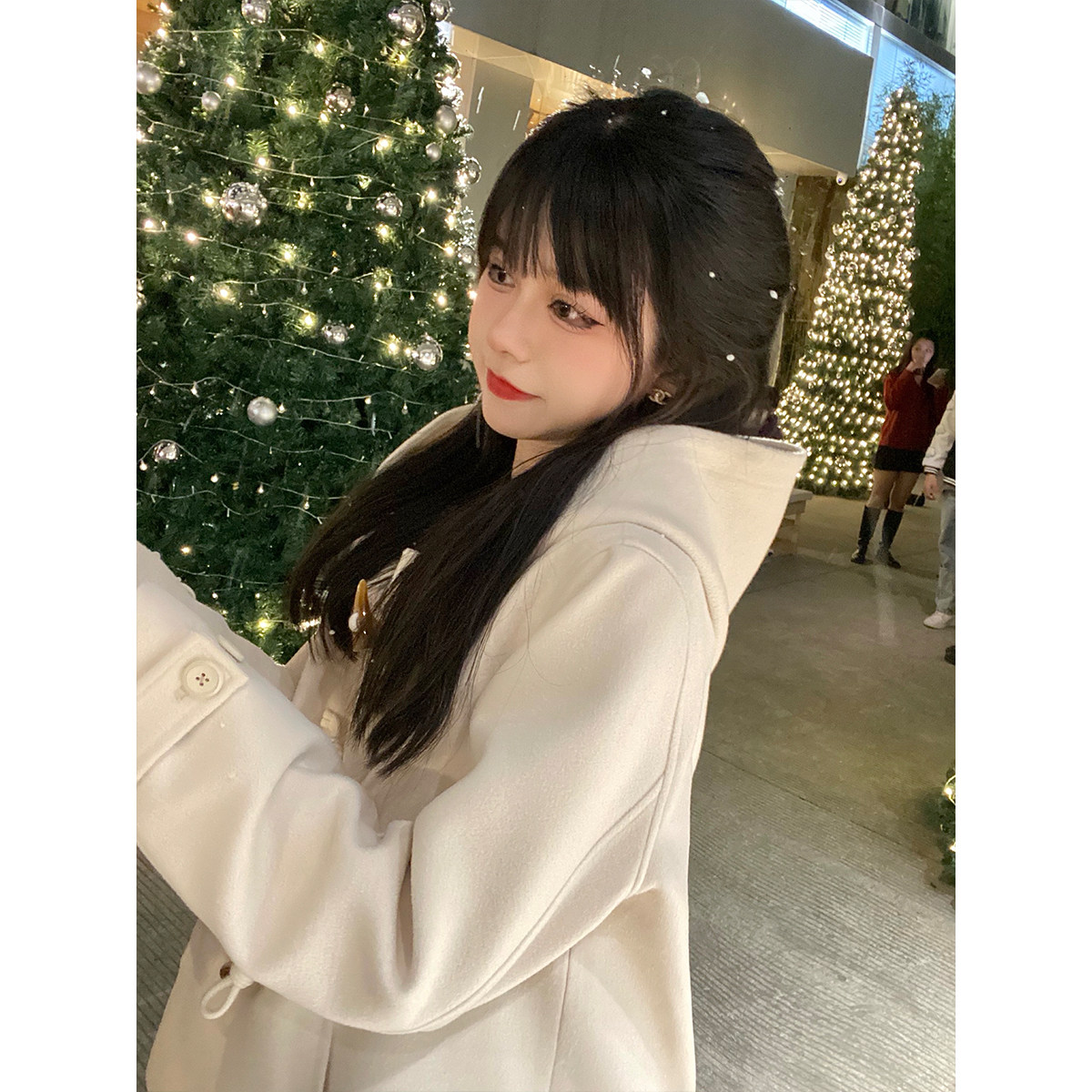 conybabe牛角扣毛呢外套女2021新款秋冬宽松休闲连帽加厚呢子大衣