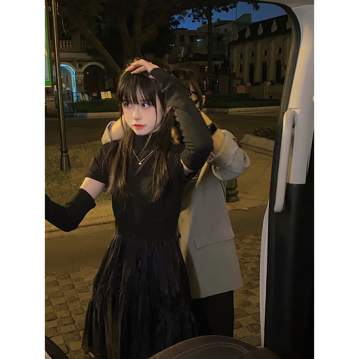 conybabe黑色吊带裙女2021新款设计修身针织衫收腰连衣裙