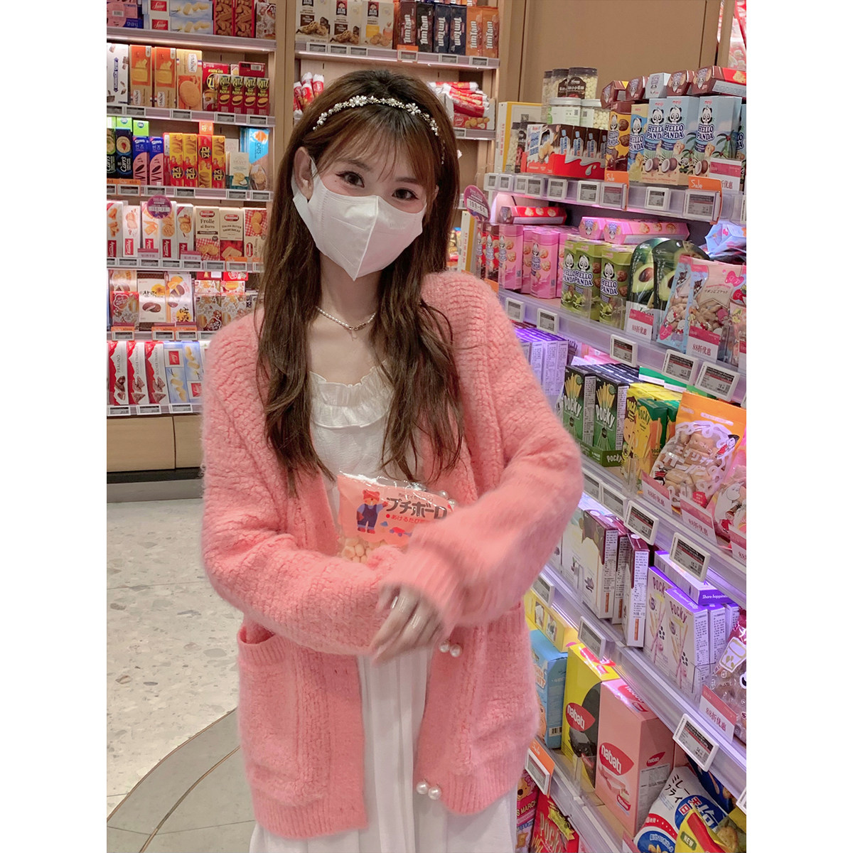 conybabe珍珠扣针针织开衫女2021秋冬新款温柔慵懒毛针织衫