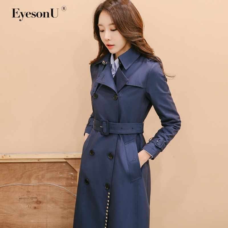 eyesonu风衣女中中长款韩版春秋新款全棉铆钉长款风衣