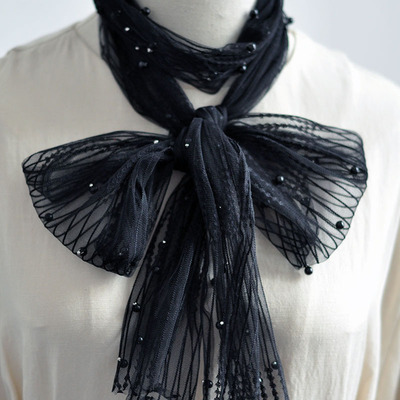 丝巾小长条配衬衫韩国蕾丝东大门百搭薄款网红钉珠发带长款小领巾