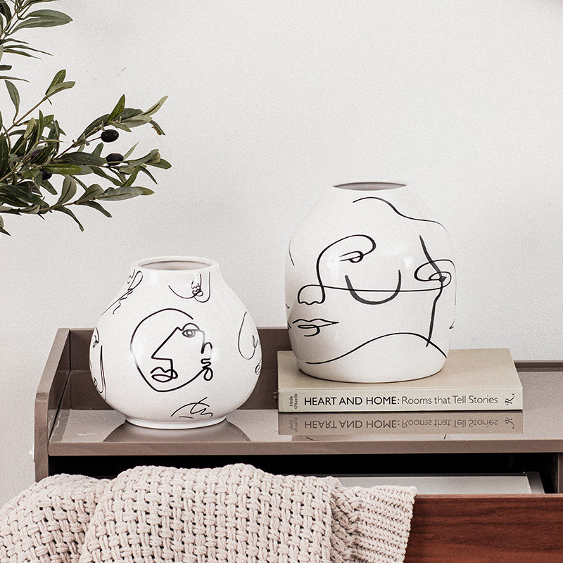 奇居良品克尔系列现代家居花瓶人脸线条抽象艺术花瓶