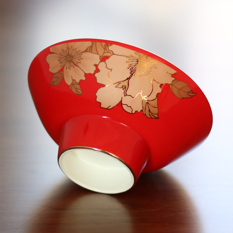 瑕疵清仓特价温州岁酒家用骨瓷高脚红色花色碗