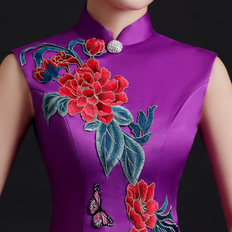 中国风走秀礼服紫色2020新品高端舞台合唱团演出服长款修身旗袍裙